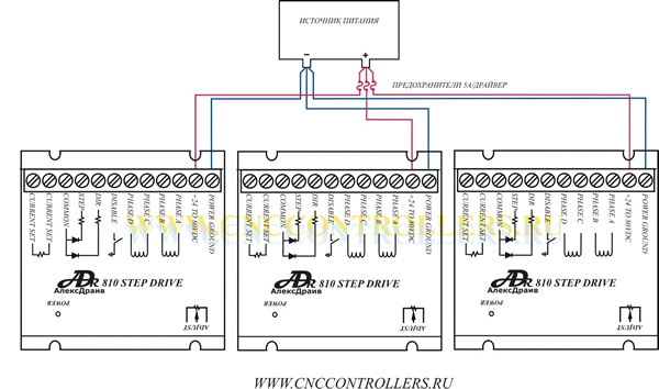Схема подключения нескольких драйверов шаговых двигателей к одному источнику питания 